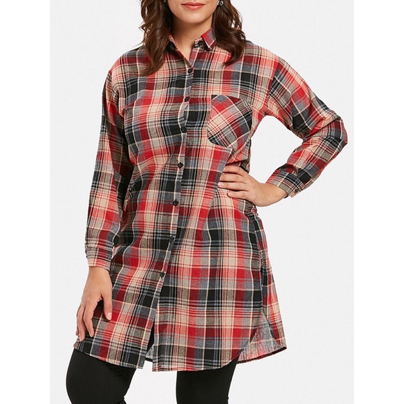 ♠ Red Plus Size Longline Red Plaid Shirt ♠ - Picture 1 of 8